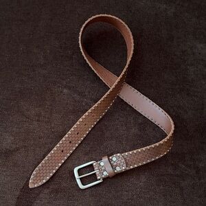 Brown Studded Leather Waist Belt with Silver Buckle